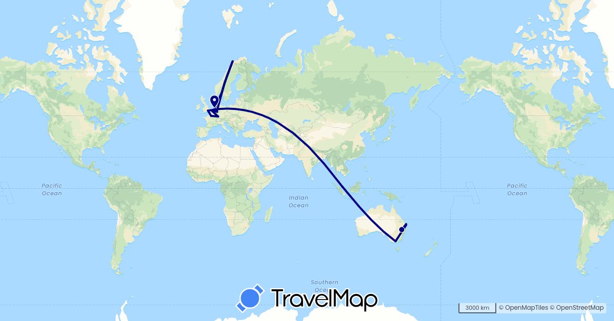 TravelMap itinerary: driving in Australia, Belgium, Germany, France, United Kingdom, Netherlands, Norway, Singapore (Asia, Europe, Oceania)